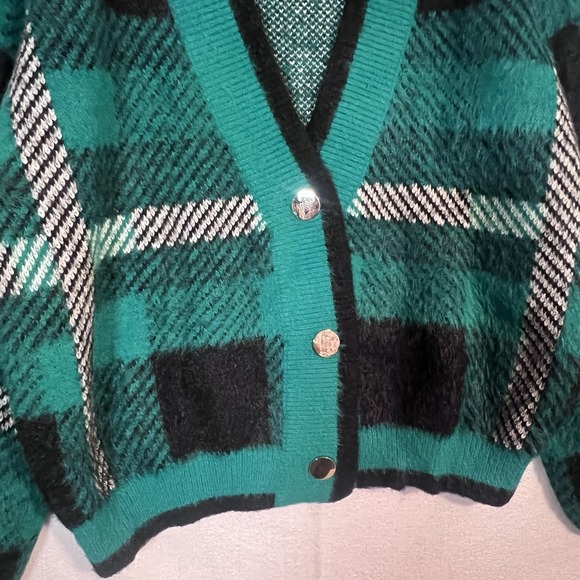 English Factory Checkered Cardigan Sz LG Green Tartan Plaid Oversized Sweater - Picture 5 of 12